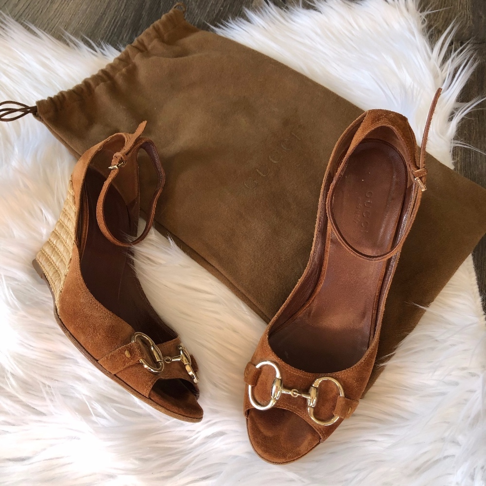 Gucci Horsebit Suede Open Toe Wedge Tan